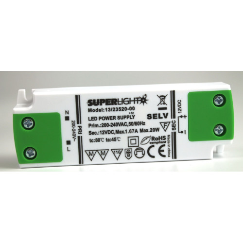 ALIMENTATORE DI RETE 12V  1,67A  20W PER NASTRI LED MARCA SUPERLIGHT