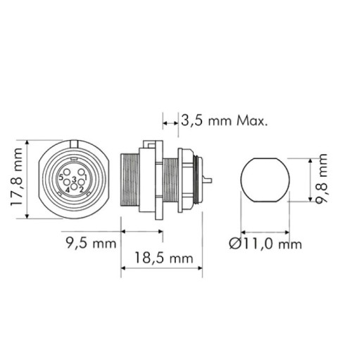 CONNETTORE FEMMINA DA PANNELLO 5P IP68 SP11