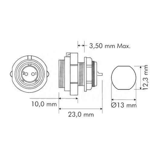 CONNETTORE FEMMINA DA PANNELLO WATERPROOF 2 POLI IP68 SERIE SP13