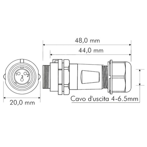 Connettore Stagno Femmina Volante 3 poli IP68 serie SP13
