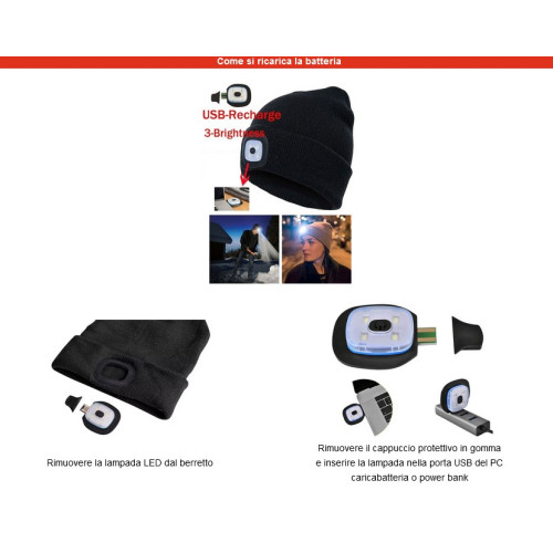 Berretto Nero con Luce a Led Ricaricabile