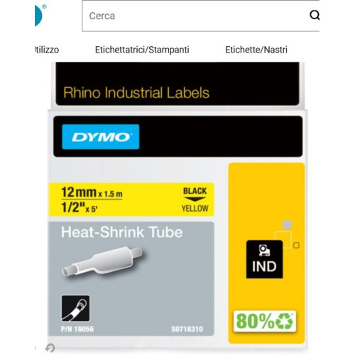 Nastro Termorestringente Giallo 12mm per Etichettatrici Dymo - 180560