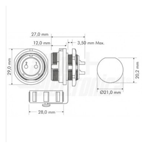 Connettore Stagno Femmina da Pannello 2 Poli IP68 serie SP21