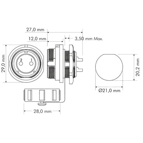 Connettore Femmina da Pannello 2P IP68 SP21