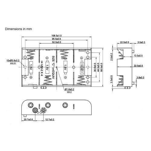 Portapile per 4 Pile Mezza Torcia C UM2 MN1400 LR14