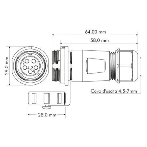 Connettore Femmina Volante 5P IP68 SP21
