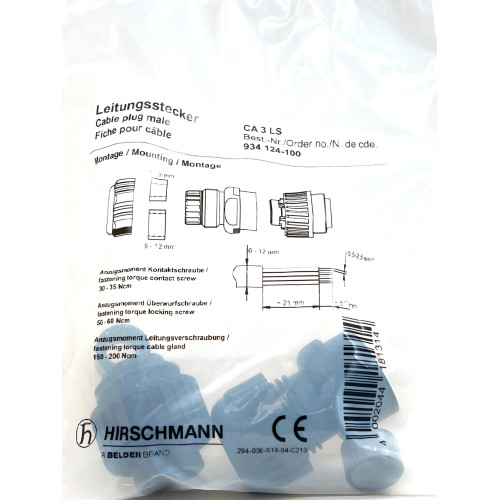 Connettore Volante Maschio 3 Poli + Terra Hirschmann 934124100