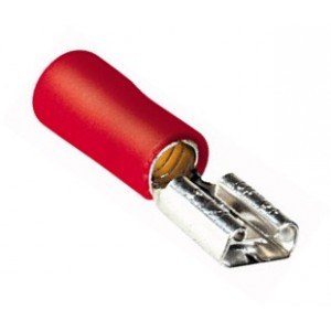 Faston doppio preisolato con femmina e maschio da 6,3x0,8 mm con isolamento  in PVC colore rosso.